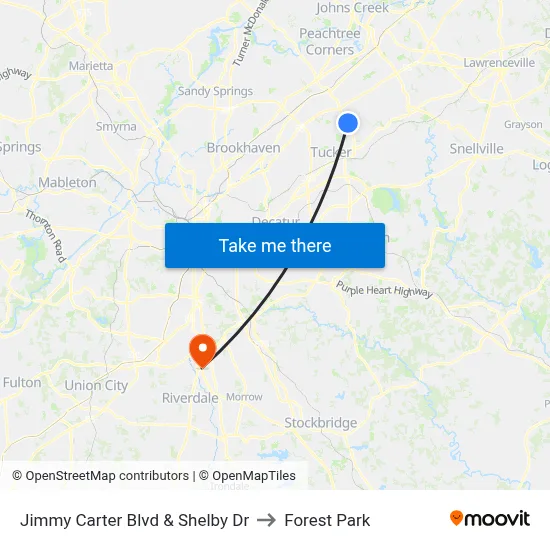 Jimmy Carter Blvd & Shelby Dr to Forest Park map