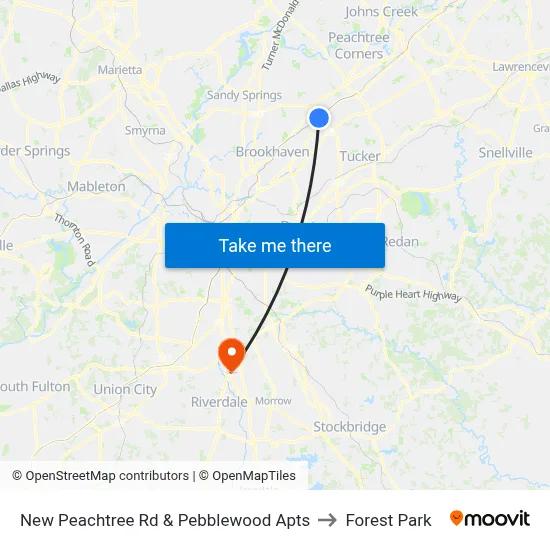 New Peachtree Rd & Pebblewood Apts to Forest Park map