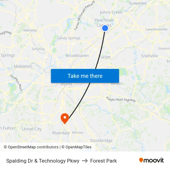 Spalding Dr & Technology Pkwy to Forest Park map