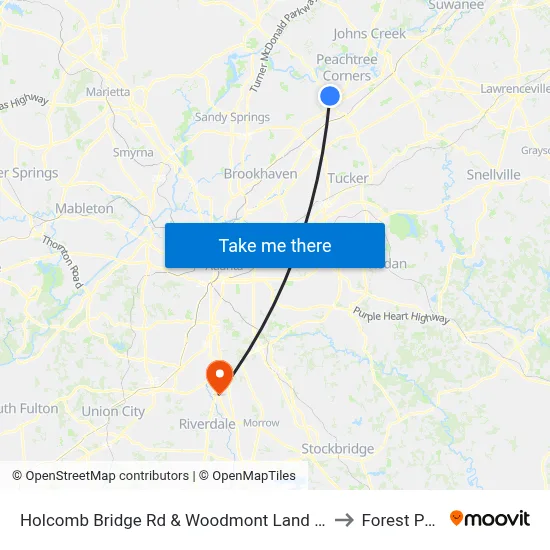 Holcomb Bridge Rd & Woodmont Land Apts to Forest Park map
