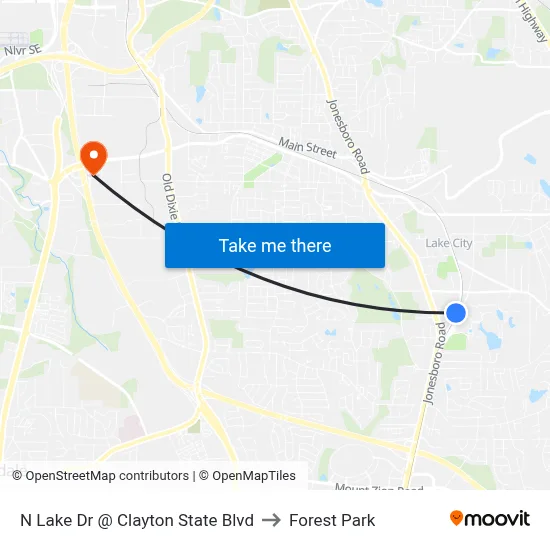 N Lake Dr @ Clayton State Blvd to Forest Park map