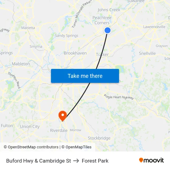 Buford Hwy & Cambridge St to Forest Park map