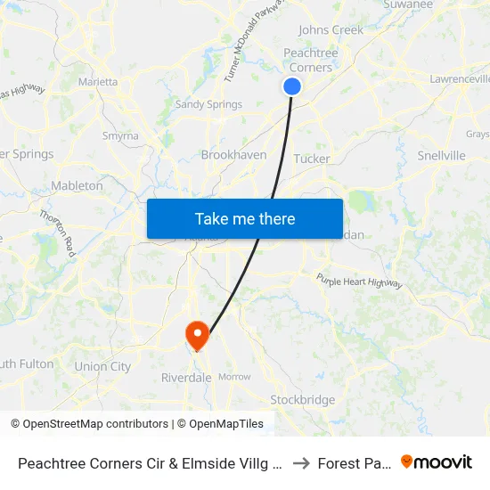 Peachtree Corners Cir & Elmside Villg Ln to Forest Park map