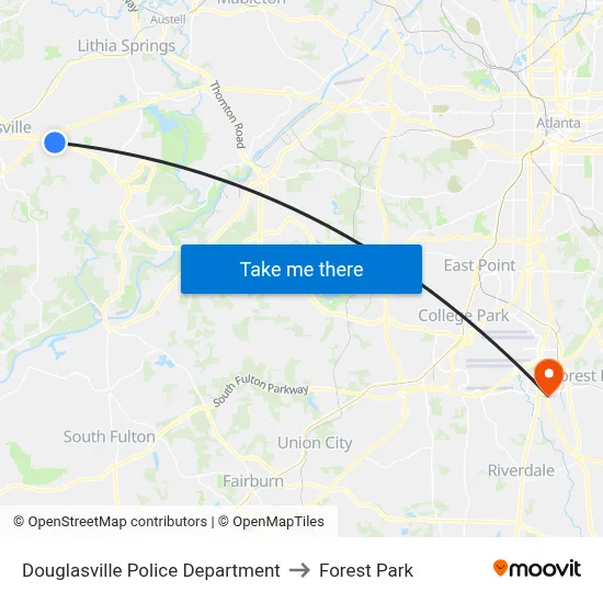 Douglasville Police Department to Forest Park map