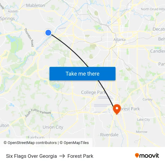 Six Flags Over Georgia to Forest Park map