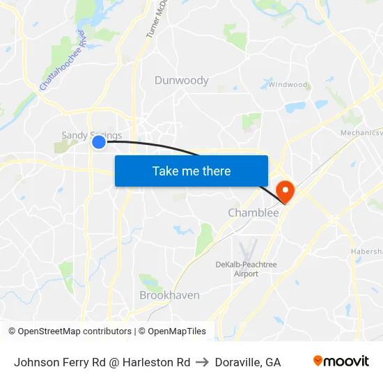 Johnson Ferry Rd @ Harleston Rd to Doraville, GA map