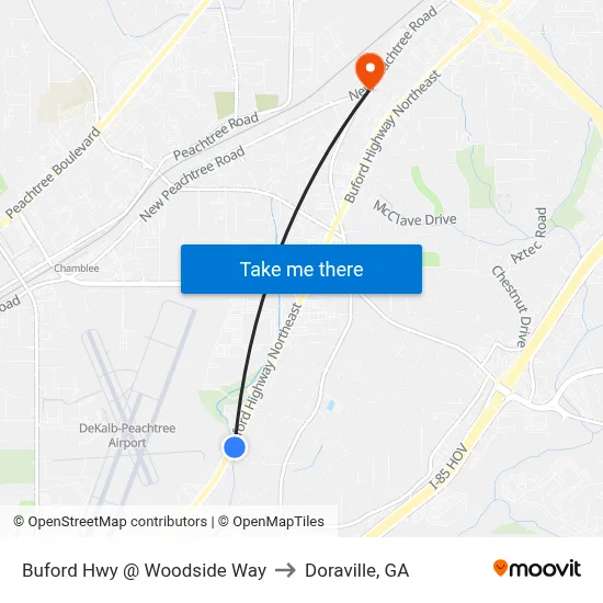 Buford Hwy @ Woodside Way to Doraville, GA map