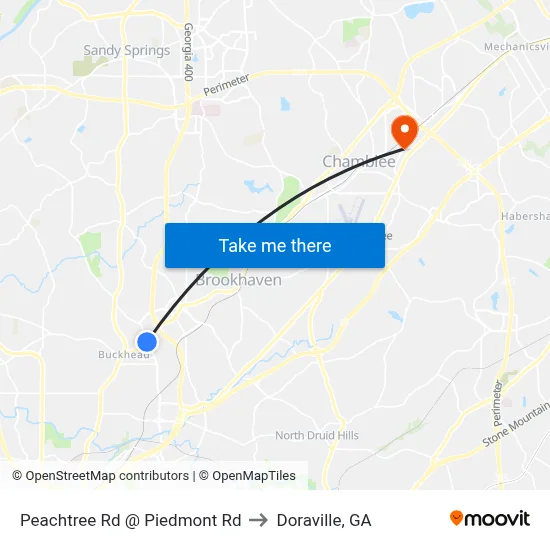 Peachtree Rd @ Piedmont Rd to Doraville, GA map
