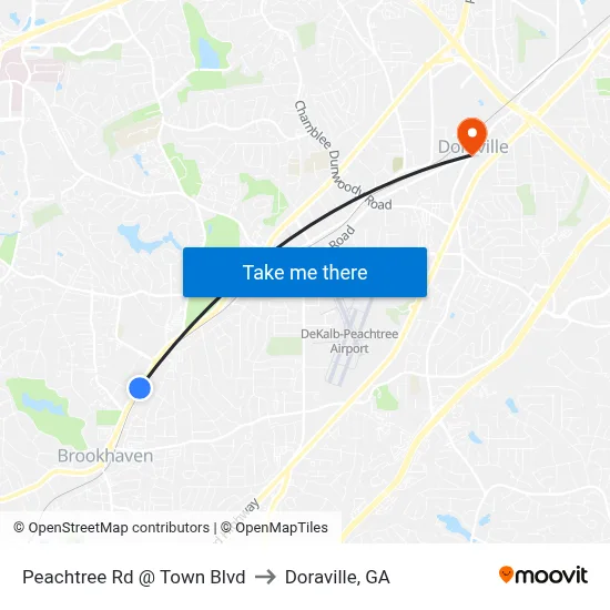 Peachtree Rd @ Town Blvd to Doraville, GA map