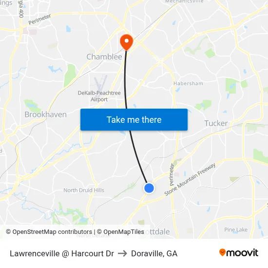 Lawrenceville @ Harcourt Dr to Doraville, GA map