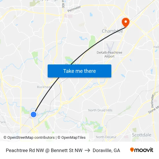 Peachtree Rd NW @ Bennett St NW to Doraville, GA map