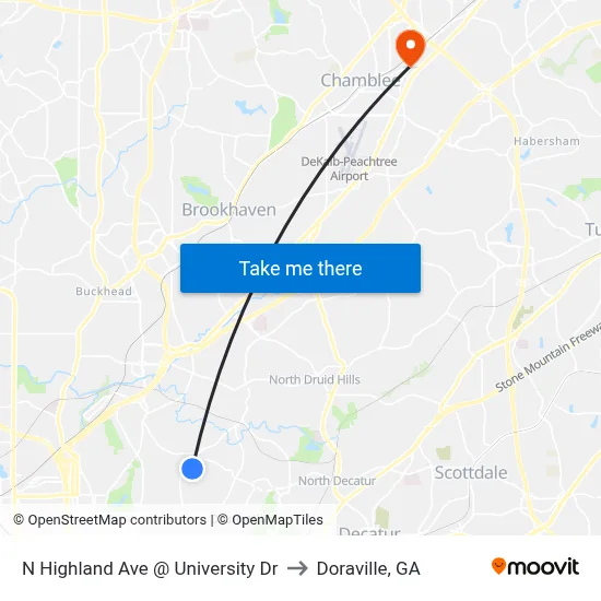 N Highland Ave @ University Dr to Doraville, GA map
