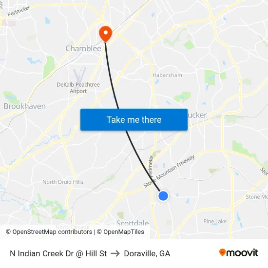 N Indian Creek Dr @ Hill St to Doraville, GA map