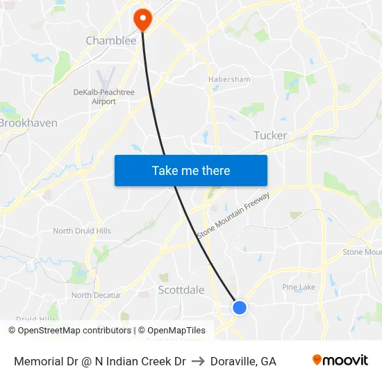 Memorial Dr @ N Indian Creek Dr to Doraville, GA map