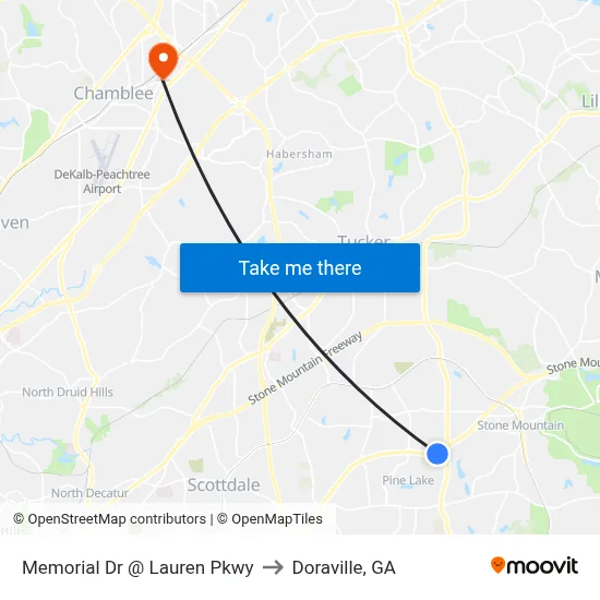 Memorial Dr @ Lauren Pkwy to Doraville, GA map