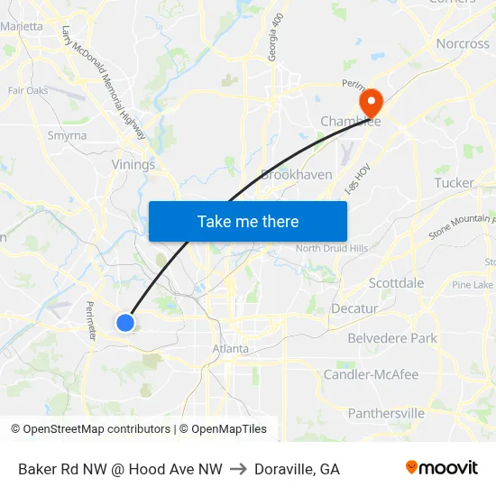 Baker Rd NW @ Hood Ave NW to Doraville, GA map