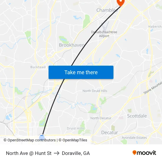 North Ave @ Hunt St to Doraville, GA map