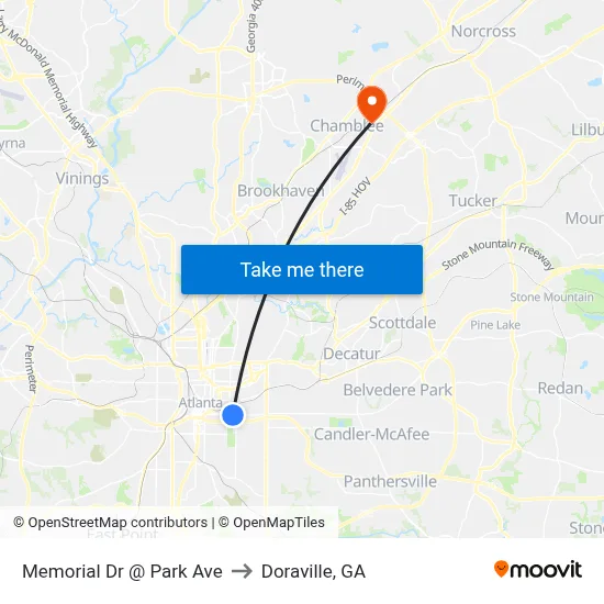 Memorial Dr @ Park Ave to Doraville, GA map