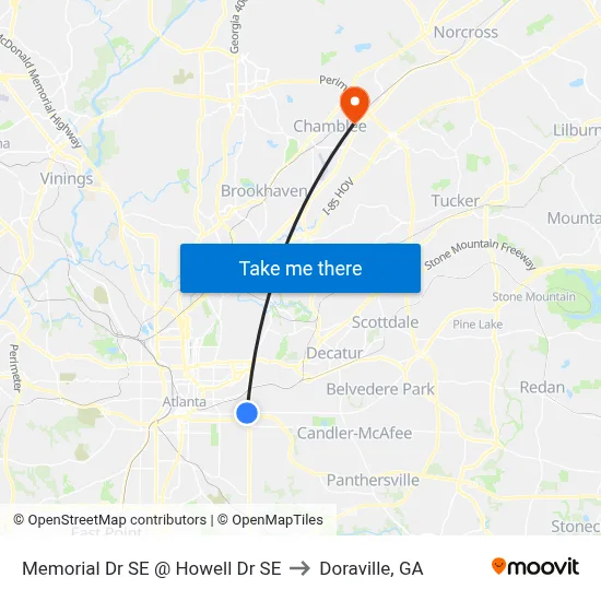 Memorial Dr SE @ Howell Dr SE to Doraville, GA map