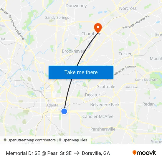 Memorial Dr SE @ Pearl St SE to Doraville, GA map