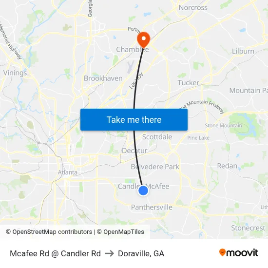 Mcafee Rd @ Candler Rd to Doraville, GA map
