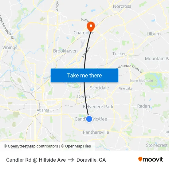 Candler Rd @ Hillside Ave to Doraville, GA map