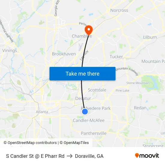 S Candler St @ E Pharr Rd to Doraville, GA map