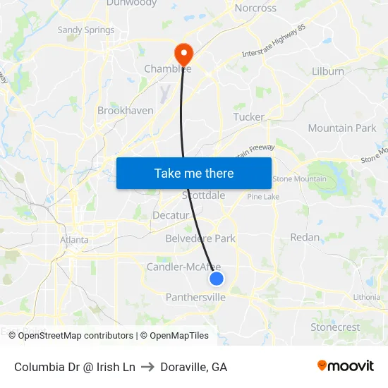 Columbia Dr @ Irish Ln to Doraville, GA map