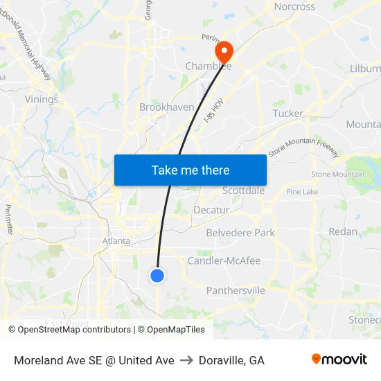 Moreland Ave SE @ United Ave to Doraville, GA map