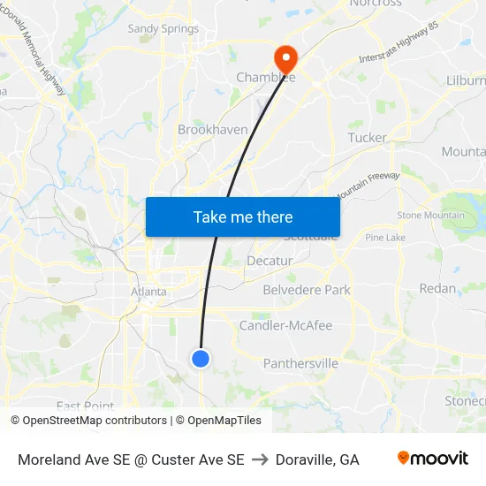 Moreland Ave SE @ Custer Ave SE to Doraville, GA map