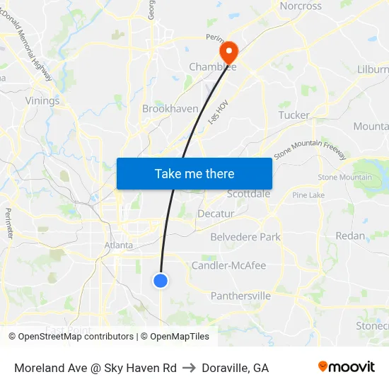 Moreland Ave @ Sky Haven Rd to Doraville, GA map