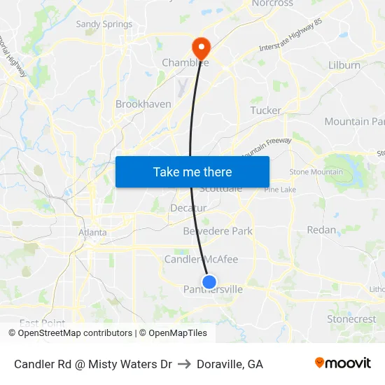 Candler Rd @ Misty Waters Dr to Doraville, GA map