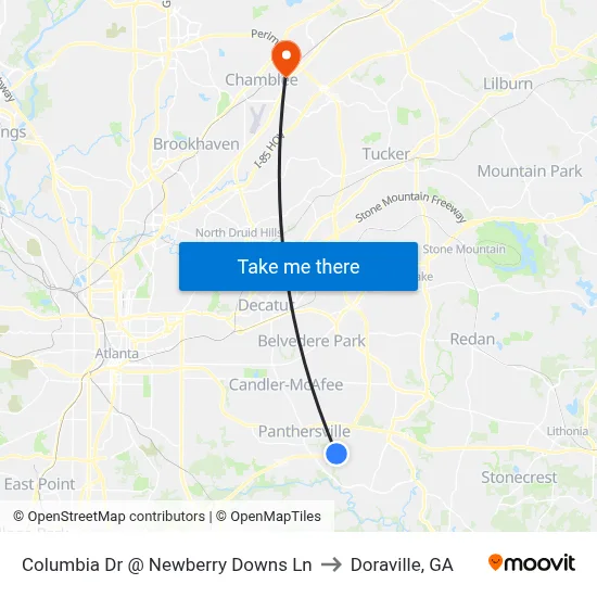 Columbia Dr @ Newberry Downs Ln to Doraville, GA map