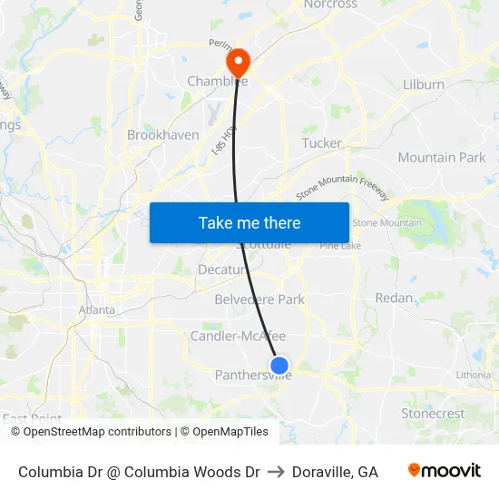 Columbia Dr @ Columbia Woods Dr to Doraville, GA map
