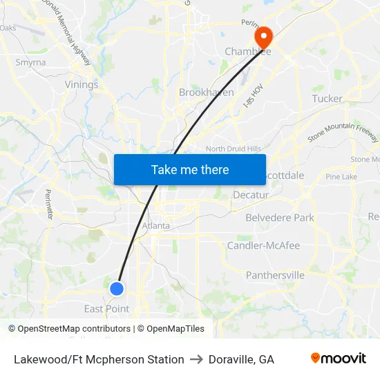 Lakewood/Ft Mcpherson Station to Doraville, GA map