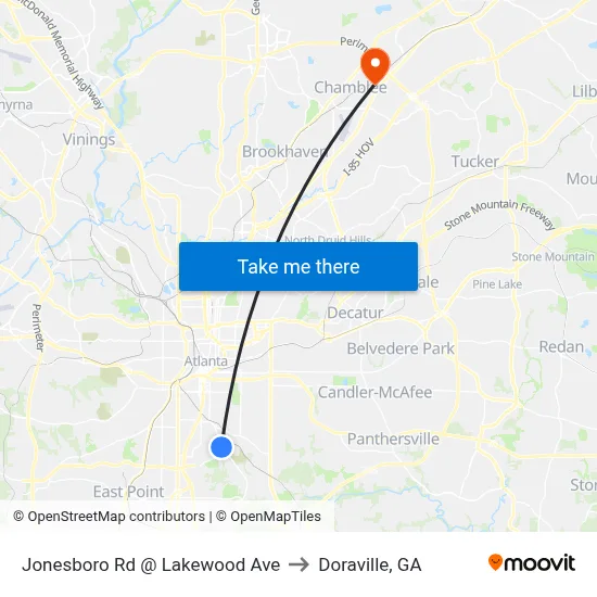 Jonesboro Rd @ Lakewood Ave to Doraville, GA map