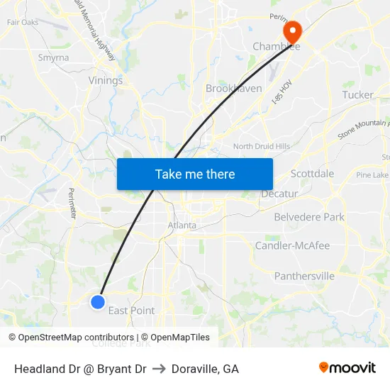 Headland Dr @ Bryant Dr to Doraville, GA map