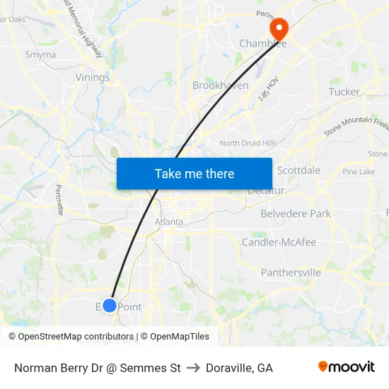 Norman Berry Dr @ Semmes St to Doraville, GA map
