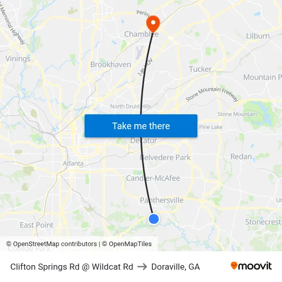 Clifton Springs Rd @ Wildcat Rd to Doraville, GA map