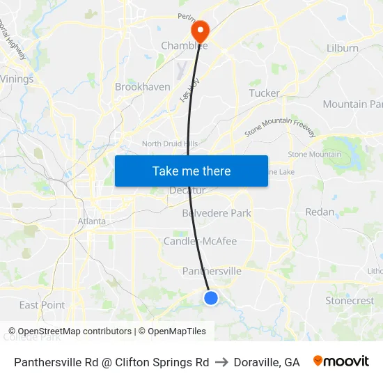 Panthersville Rd @ Clifton Springs Rd to Doraville, GA map