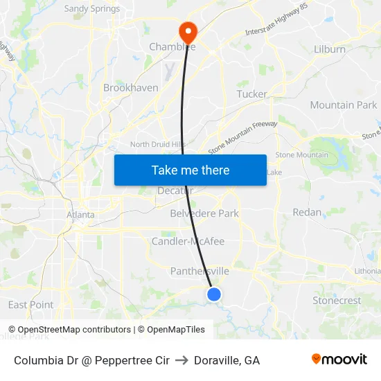 Columbia Dr @ Peppertree Cir to Doraville, GA map