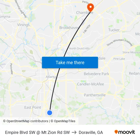 Empire Blvd SW @ Mt Zion Rd SW to Doraville, GA map