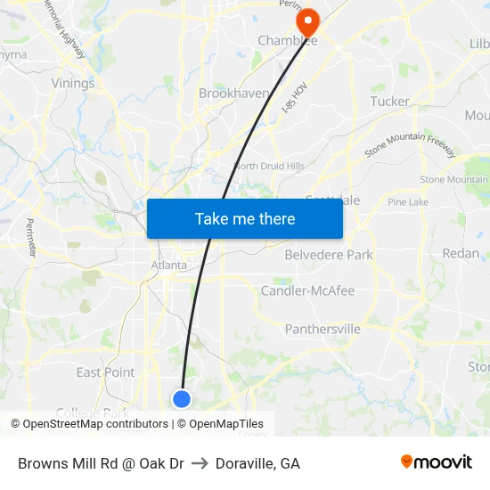Browns Mill Rd @ Oak Dr to Doraville, GA map
