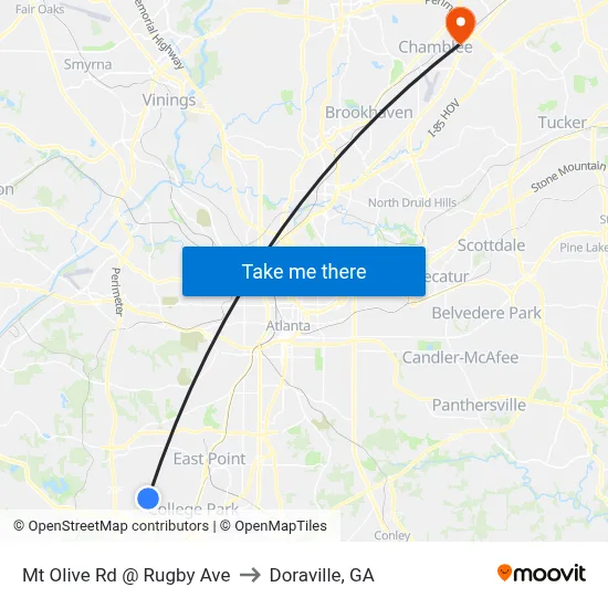 Mt Olive Rd @ Rugby Ave to Doraville, GA map