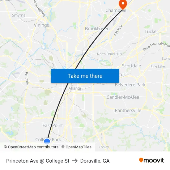 Princeton Ave @ College St to Doraville, GA map