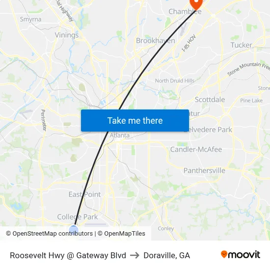 Roosevelt Hwy @ Gateway Blvd to Doraville, GA map