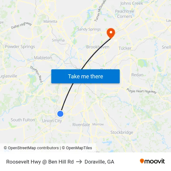 Roosevelt Hwy @ Ben Hill Rd to Doraville, GA map