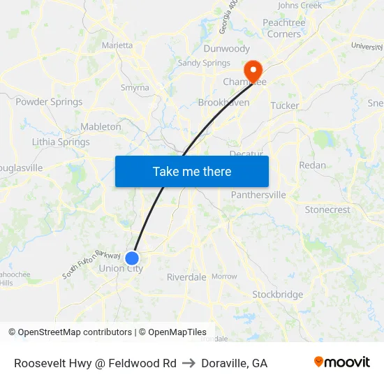 Roosevelt Hwy @ Feldwood Rd to Doraville, GA map