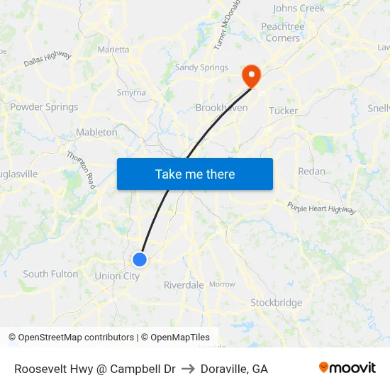 Roosevelt Hwy @ Campbell Dr to Doraville, GA map