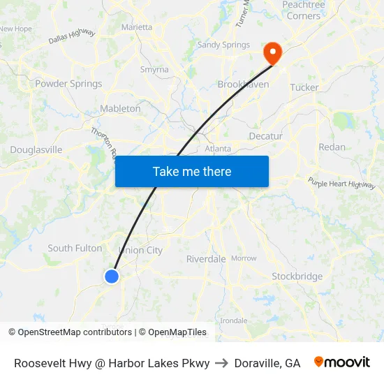 Roosevelt Hwy @ Harbor Lakes Pkwy to Doraville, GA map